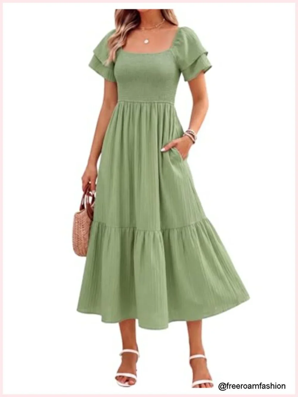 Square Neck Off Shoulder Ruffle Midi Dress with Pockets
